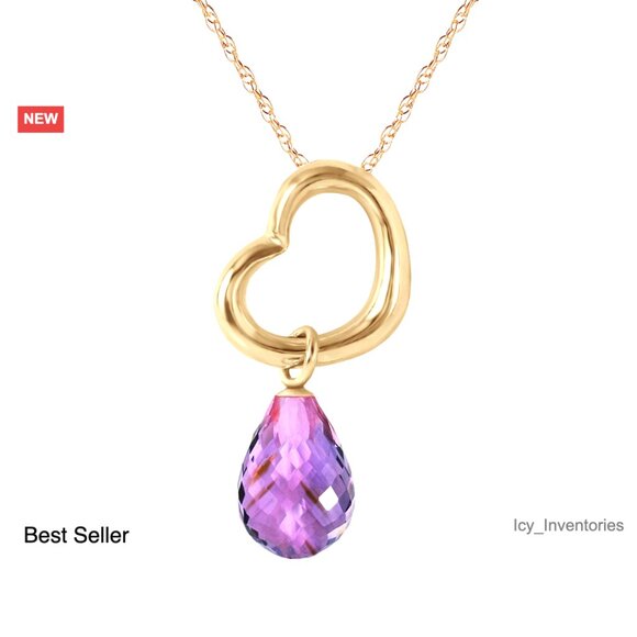 14K Gold Open Heart Pendant Necklace with Genuine Purple Amethyst Drop